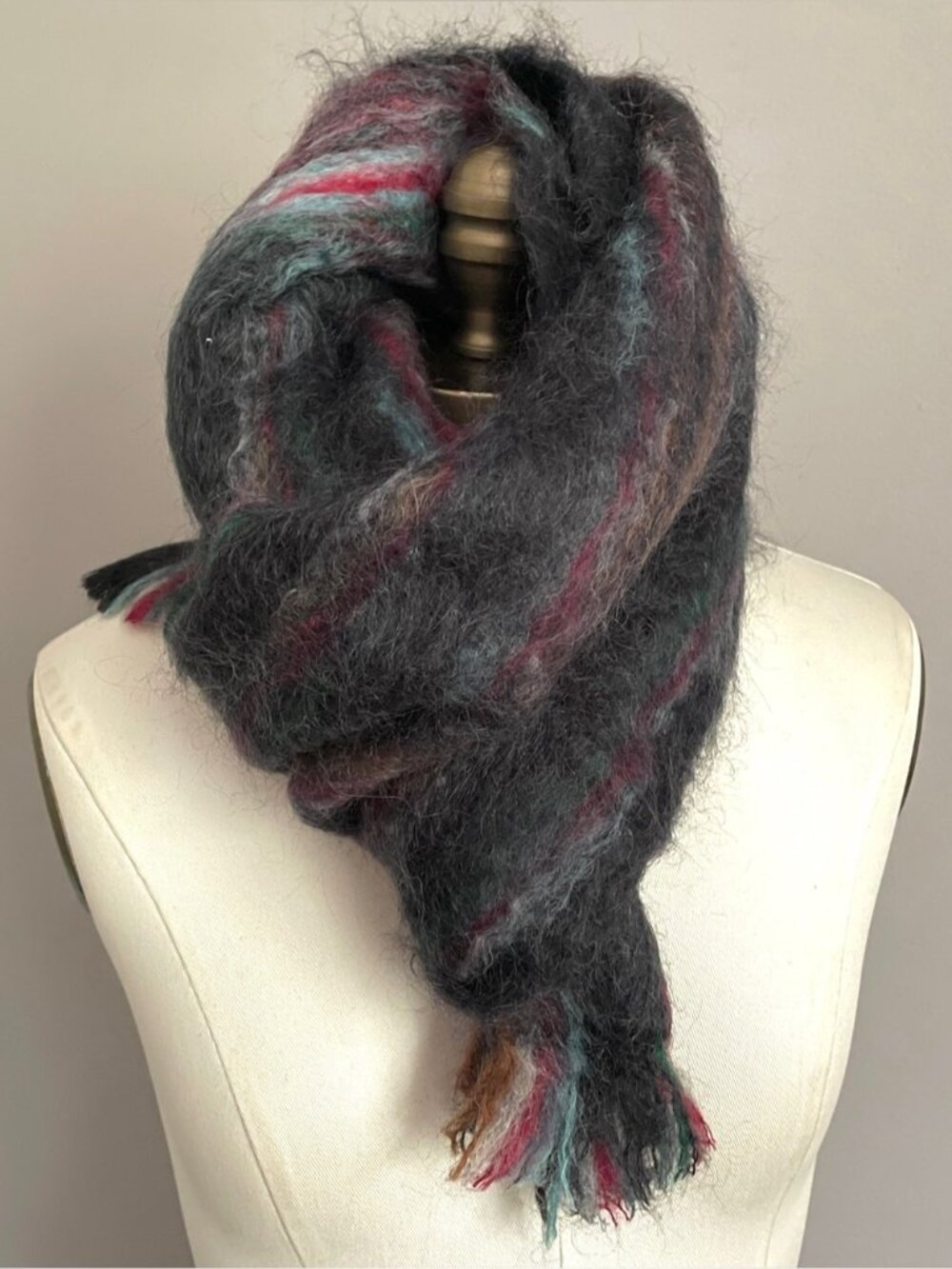 Vintage Black Multicoloured 100% Mohair Wool Fringed Scarf - 55 x 11.5" - Picture 3 of 9